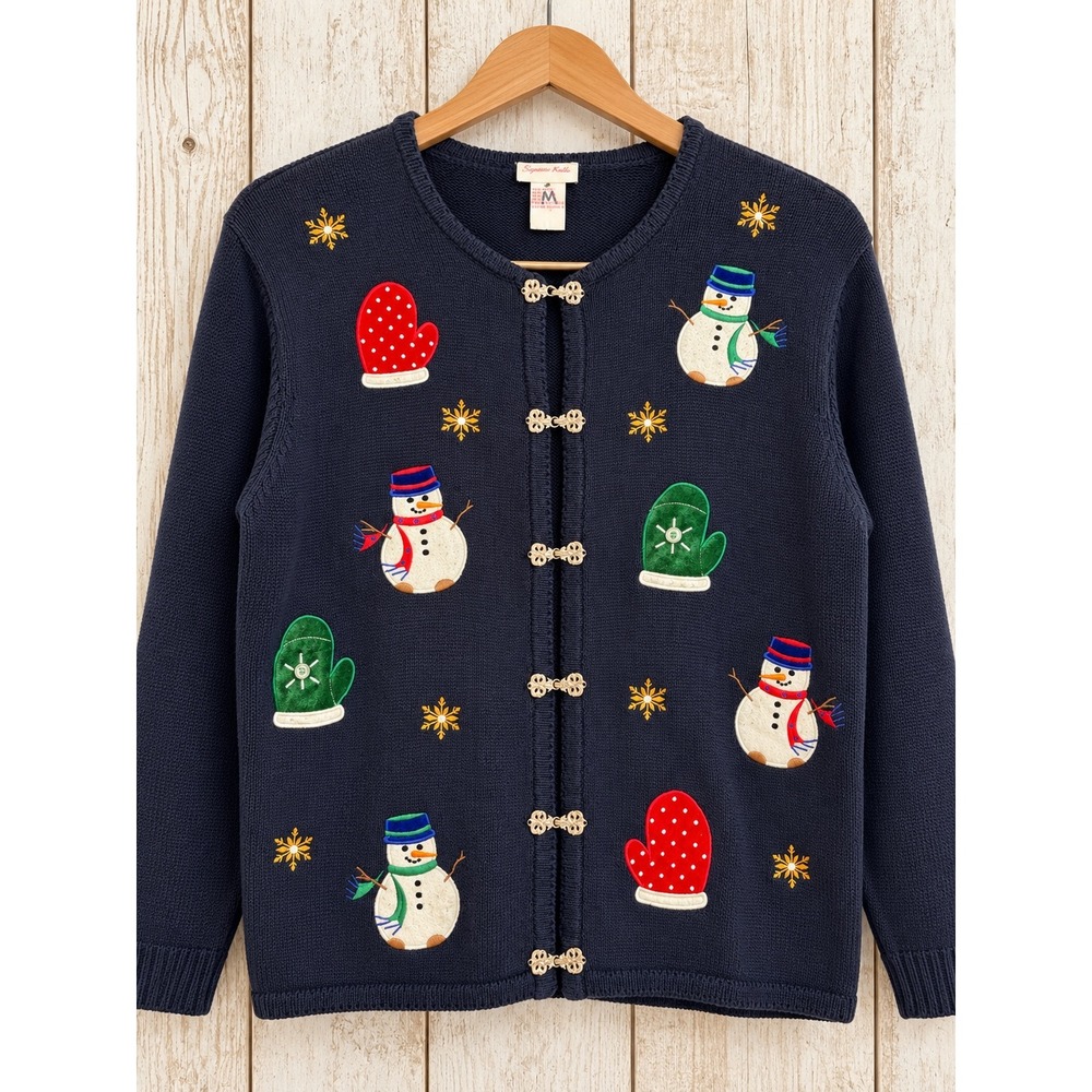 Vintage Crystal-Kobe Navy Snowman Mitten Holiday Cardigan Metal Clasp